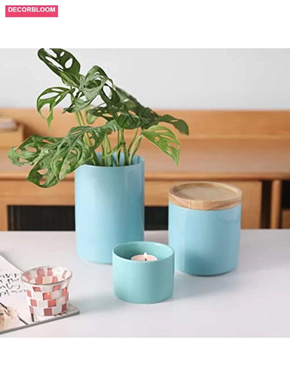 Ceramic Stackable Canister with Airtight Wooden Lid, 5 oz Food Storage
